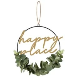 B&M Botanical Garden Hanging Hoop With Slogan -Garden Supply Store 379615 botanical garden metal hoop with gold wording and leaves happy place